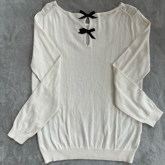 MNG Basics Women Medium Sweater Bows Keyhole Cable Off White Black Cotton Wool - Picture 4 of 13